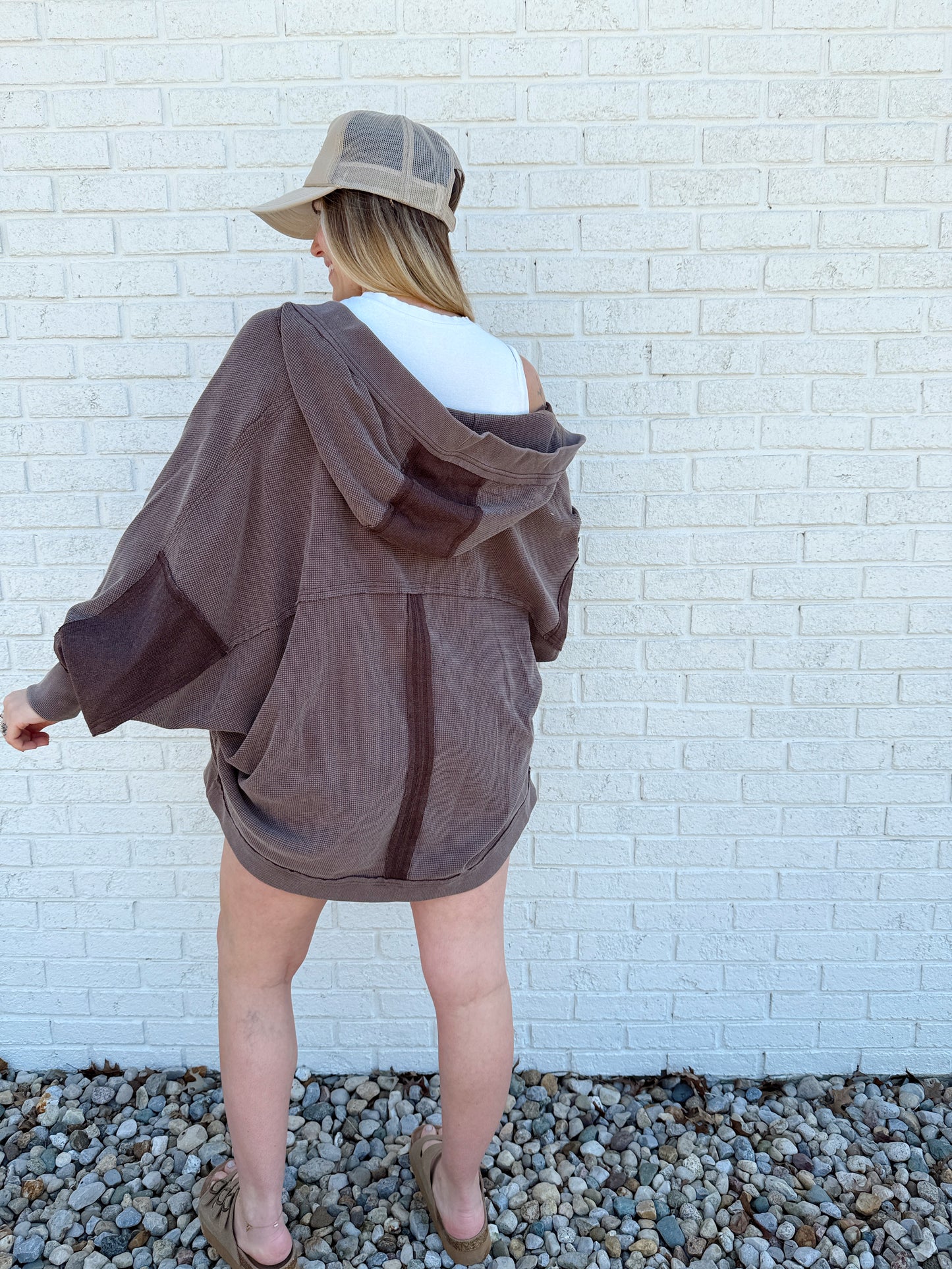 Waffle Knit Hooded Cardigan Brown