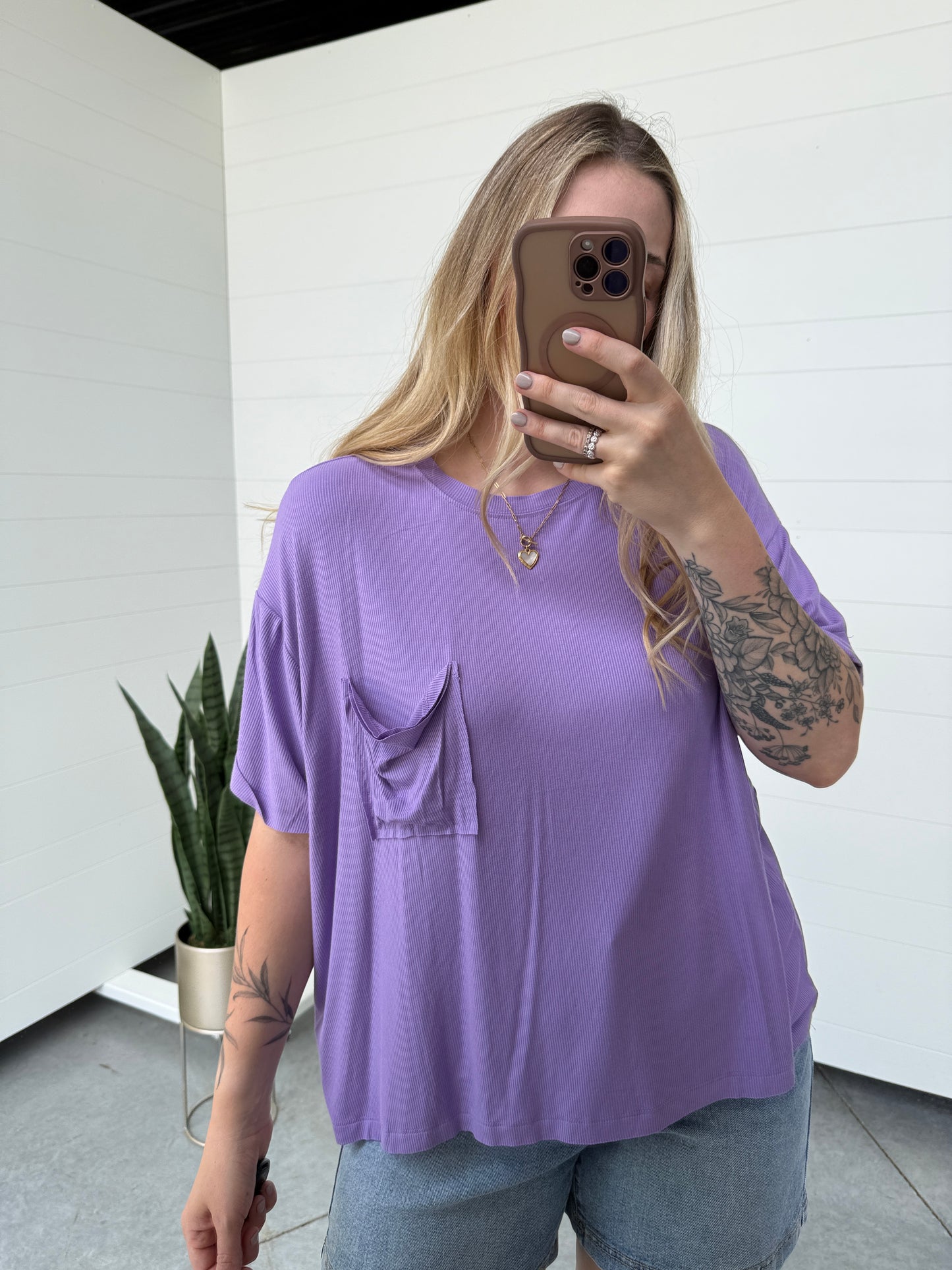 Lavender Ribbed Pocket Tee