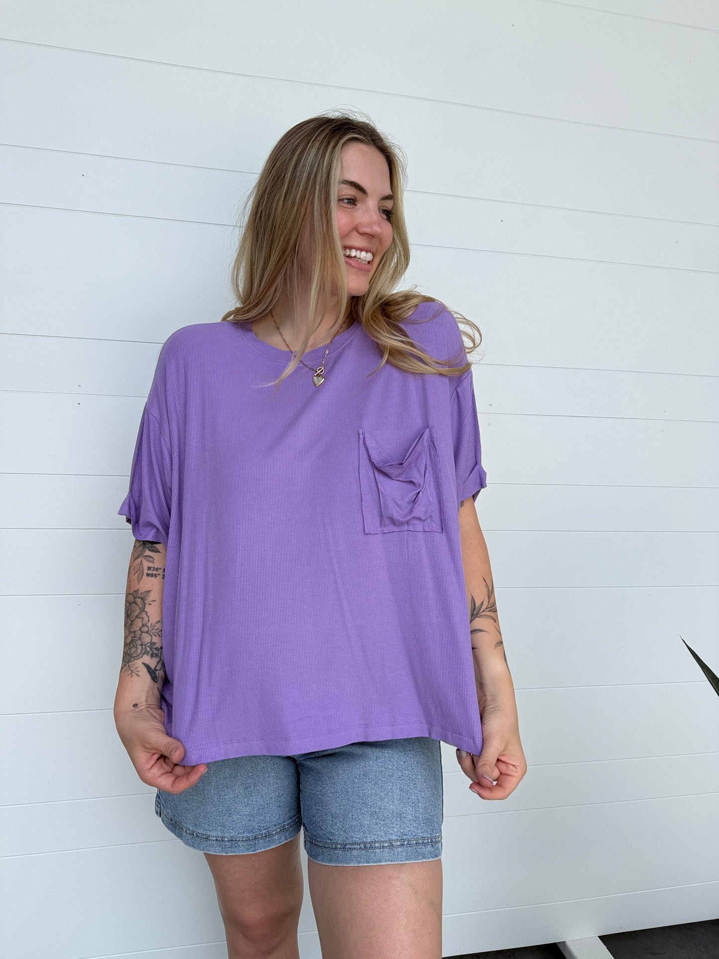 Lavender Ribbed Pocket Tee