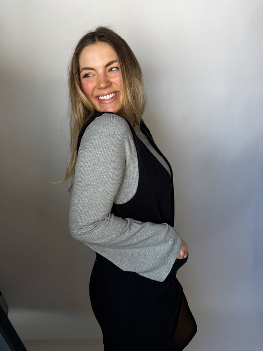 Grey Bell Sleeve Ribbed Basic