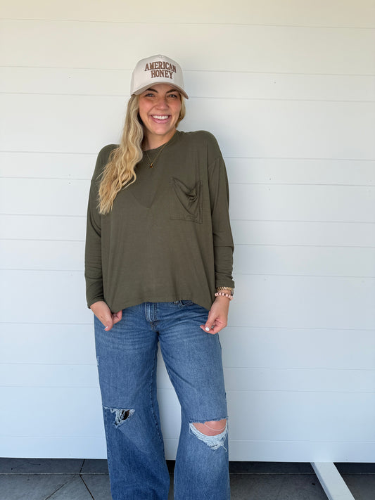 Ribbed Long Sleeve Pocket Tee Olive